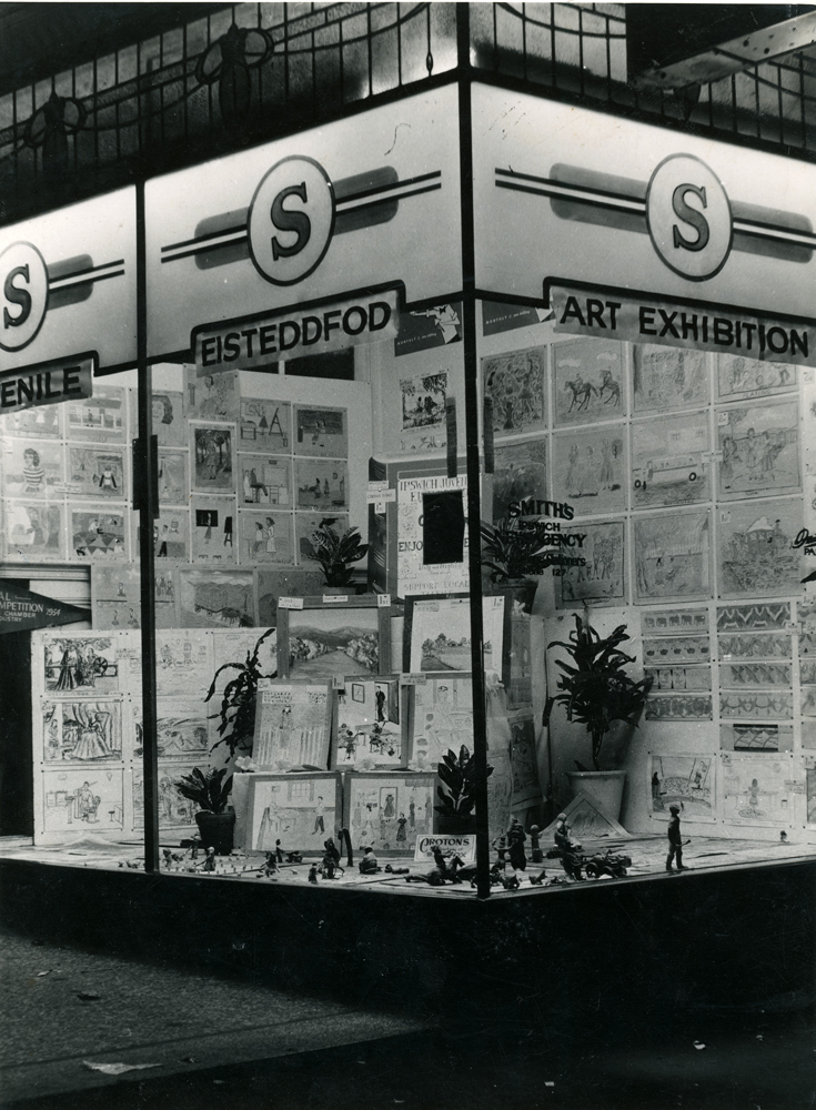 Window display at Smiths' Ipswich Newsagency for the Junior Eisteddfod Art Exhibition, Ipswich, 1954