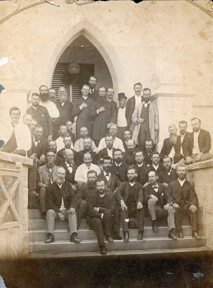 Thought to be clergy and members of the congregation of the Central Methodist Mission (now Ipswich City Uniting Church), corner Limestone and Ellenborough Street, Ipswich, c1900