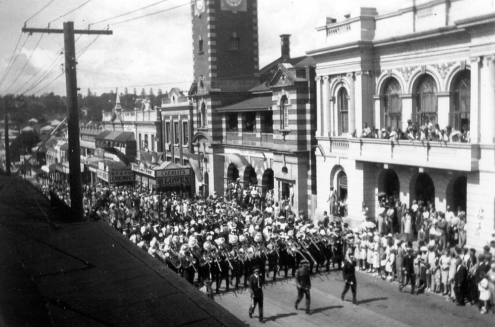 Ipswich City Vice-Regal Band, massed band march during contest held in 1949