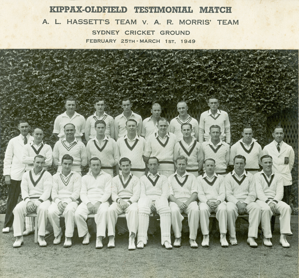 Kippax-Oldfield Testimonial Match, A.L.Hasett's Team v. A.R. Morris' Team, including Len Johnson of Ipswich, Sydney Cricket Ground, 1949