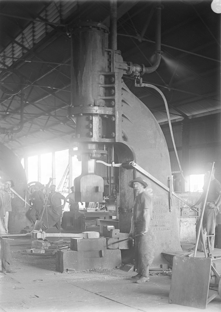 Steam hammer in Blacksmith shop at Ipswich Railway Workshops, Ipswich, c.1911