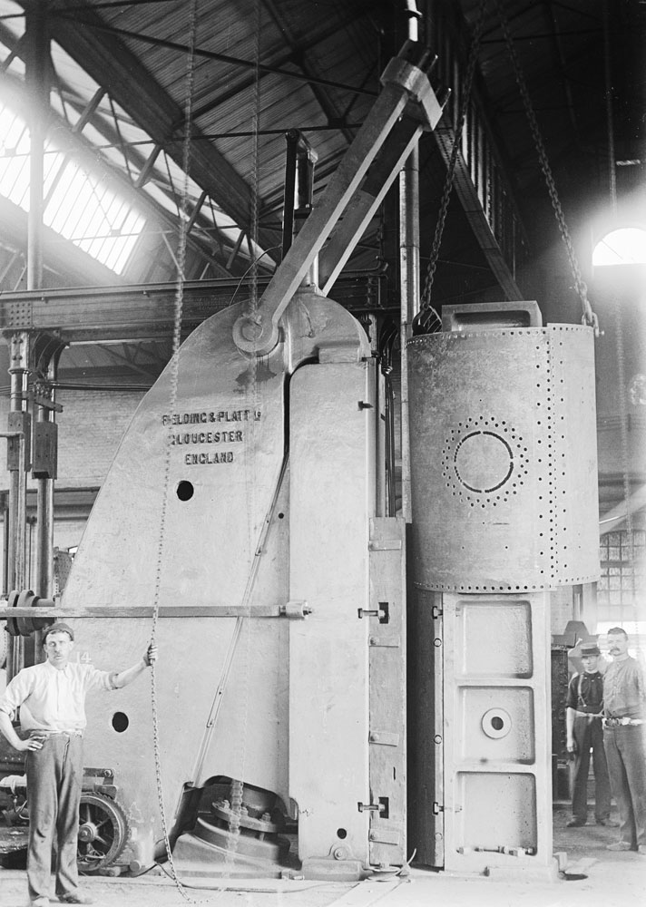 Hydraulic plate bender in Boiler shop at Ipswich Railway Workshops, Ipswich, c.1911