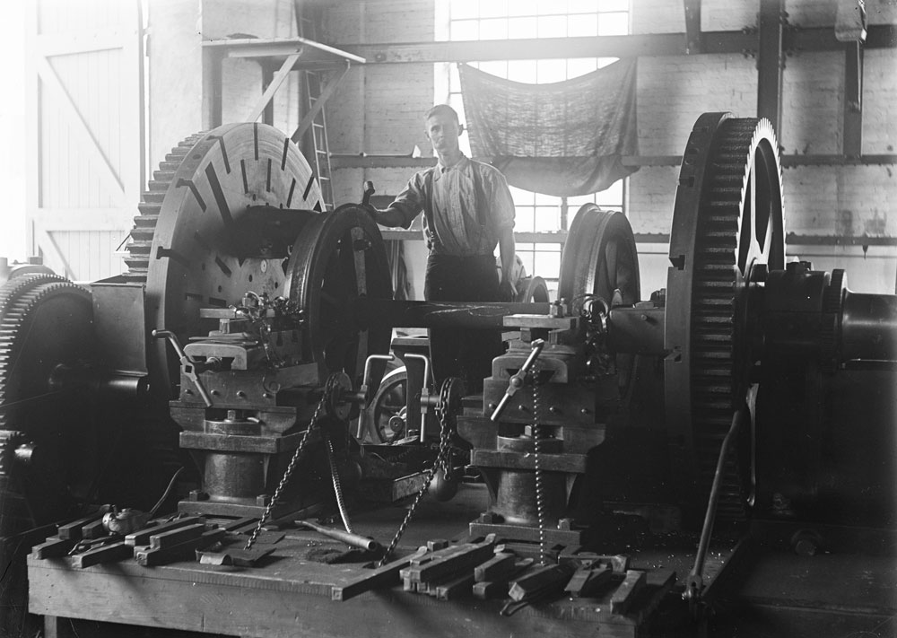 Interior of Wheel Shop at Ipswich Railway Workshops, Ipswich, 1910