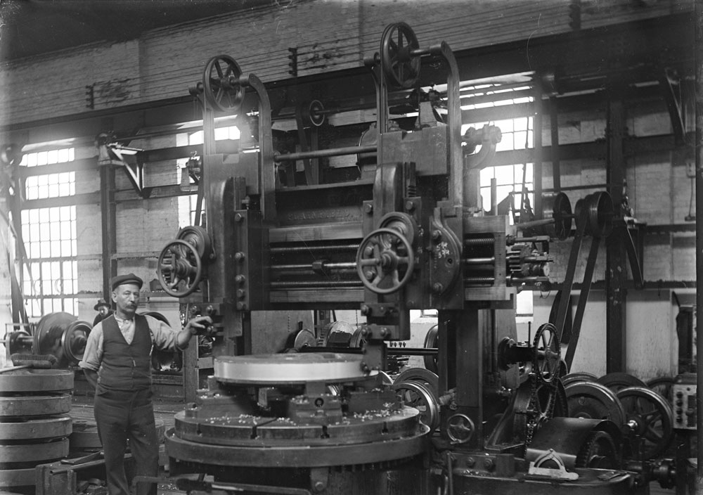 Interior of Wheel Shop at Ipswich Railway Workshops, Ipswich, 1910