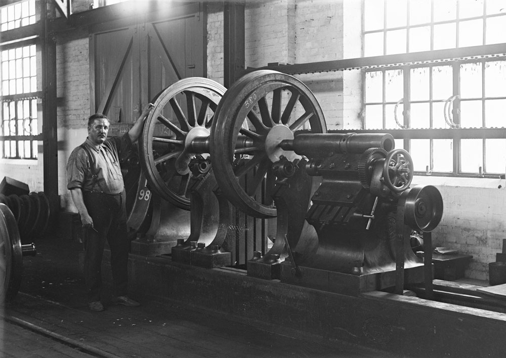 Interior of Wheel Shop at Ipswich Railway Workshops, Ipswich, 1910