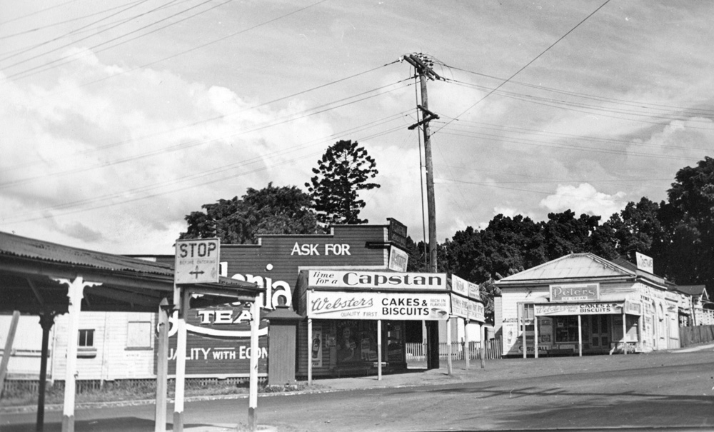 Two of the Three corner stores at the Fiveways intersection, Ipswich, early 1950s