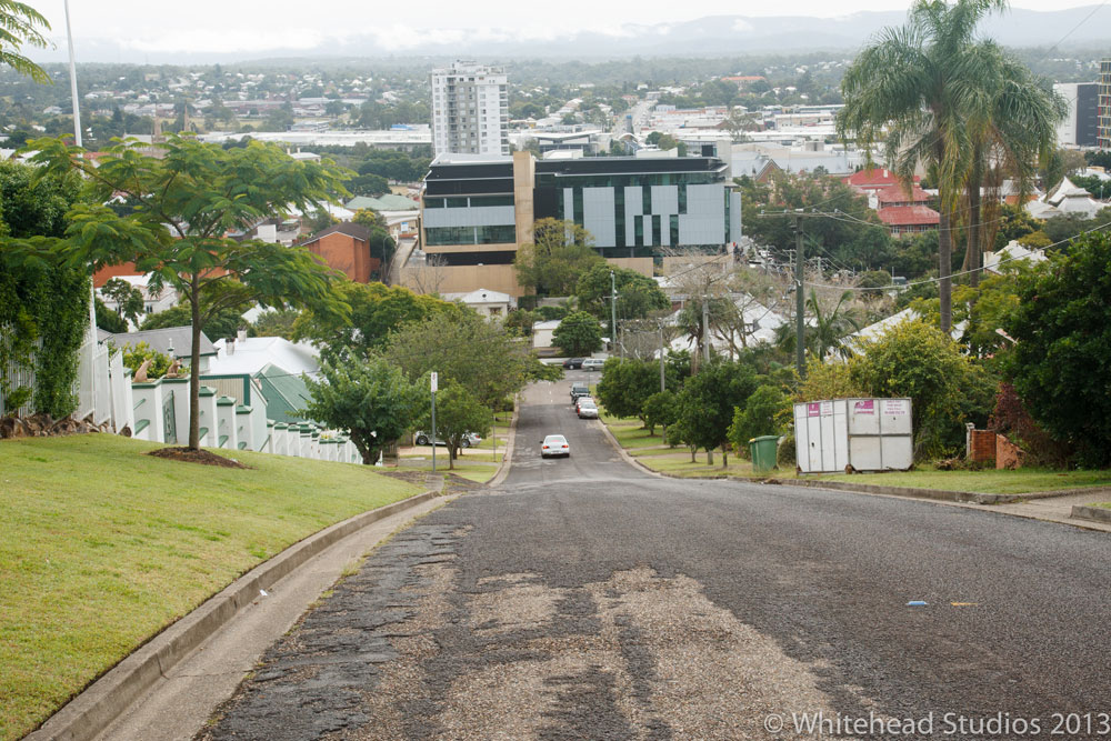 Ellenborough Street from Denmark Hill, towards Courthouse, Ipswich, 2013