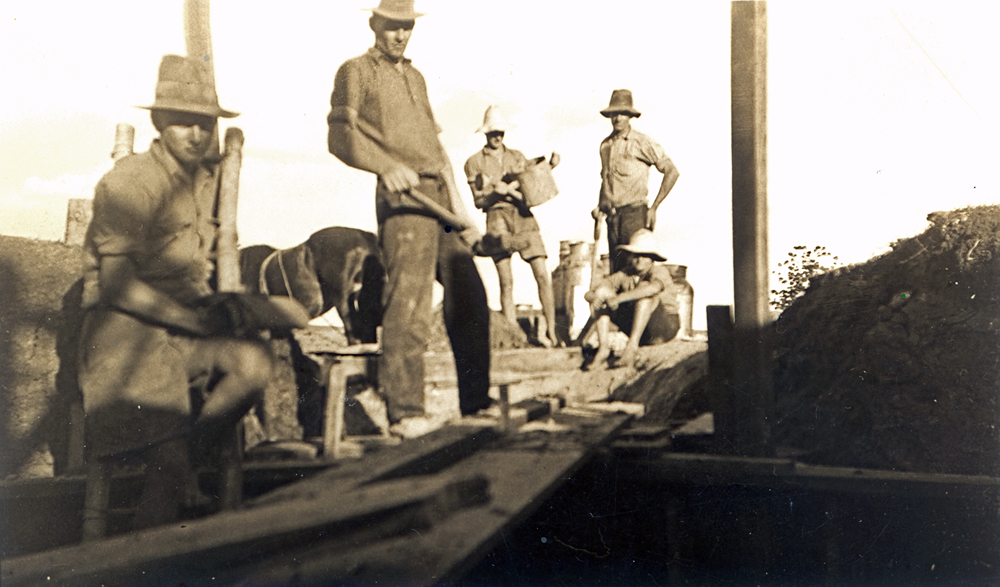 Men building a silo on the Evans farm during the coal strike, Tallegalla, near Rosewood, Ipswich, 1938