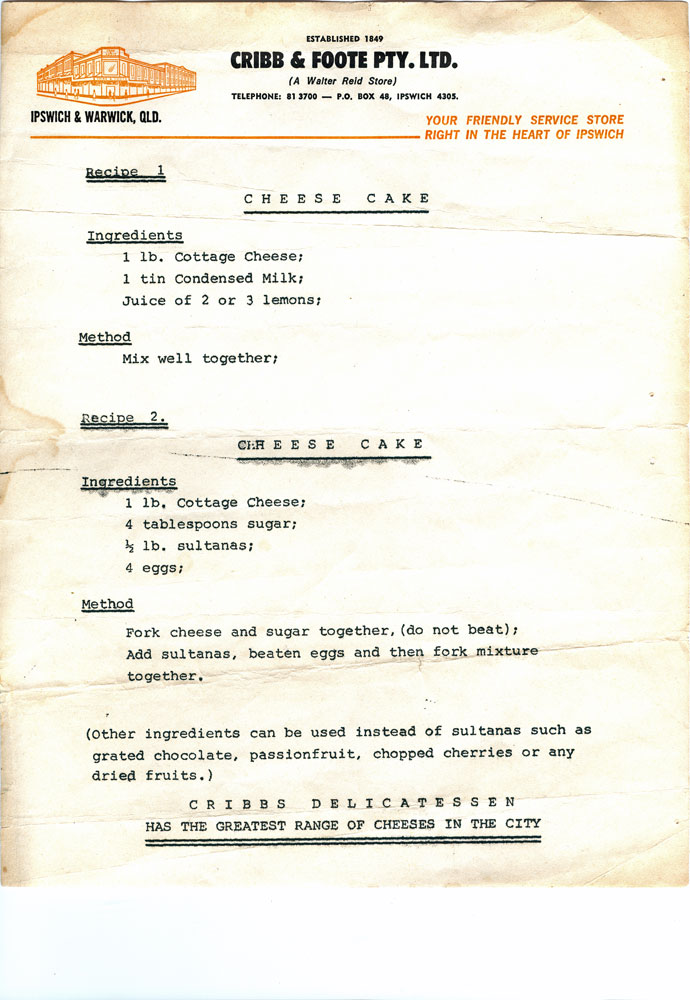 Recipe for Cheese Cake from Cribb &amp; Foote, Ipswich, early 1970s