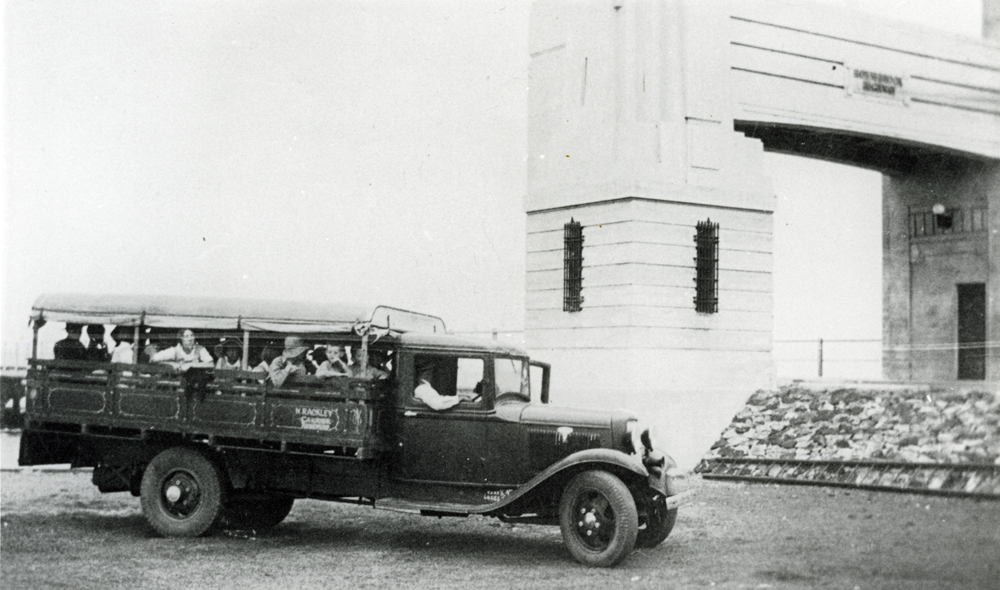 Students from Tallegalla State School on a trip to Hornibrook Highway Bridge just after it opened, Redcliffe, 1935 - 1936