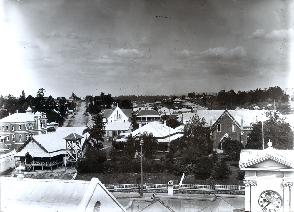 View from Post Office clock tower, looking southwest, Ipswich, early 1900s