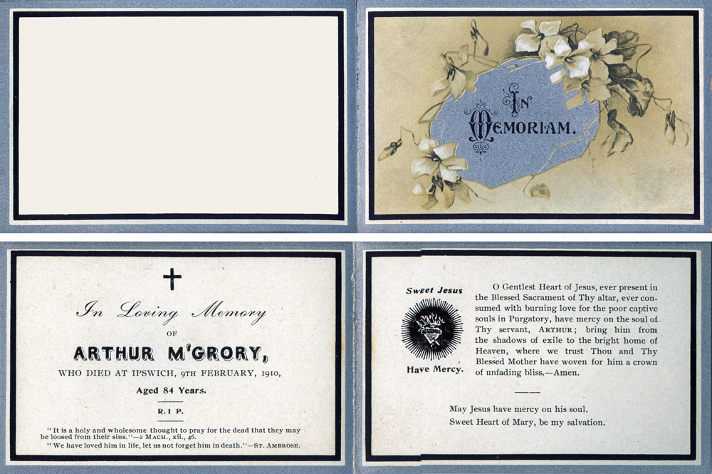 Remembrance card for Arthur McGrory, Ipswich, 1910