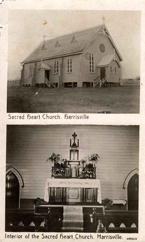 Postcard of Sacred Heart Church building and interior, Harrisville, near Ipswich, c.1910