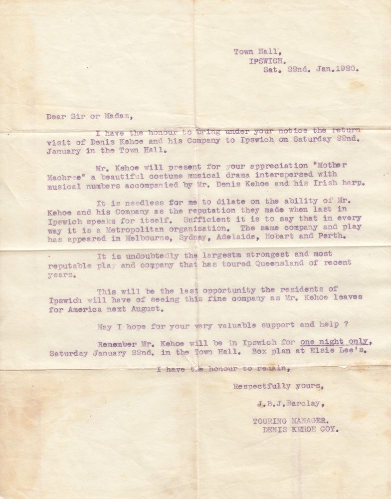 Letter, sent to Ipswich Town Hall, announcing the return visit of Denis Kehoe and his Company to Ipswich, 1920