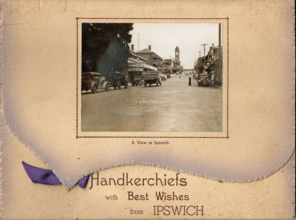 Ipswich Christmas card containing linen handkerchief, Ipswich, 1941