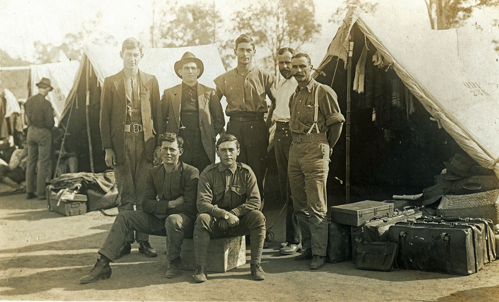 Soldiers from Ipswich in front of of tents, thought to be at Enoggera, 1914 - 1918