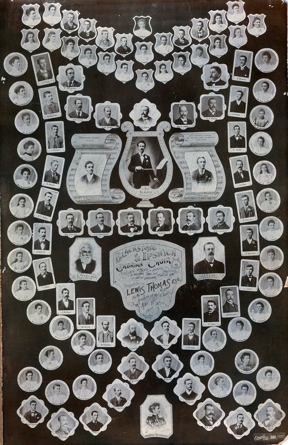 Blackstone and Ipswich Cambrian Choir members, presentation photograph for Lewis Thomas, Blackstone, Ipswich, 1897