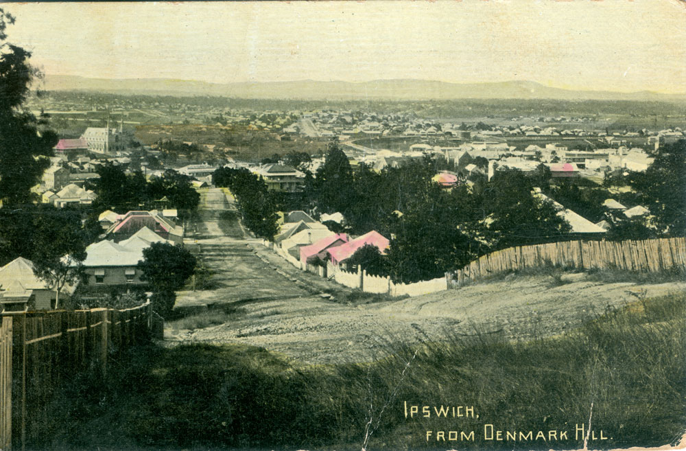 Tinted postcard from Denmark Hill, down Murphy Street, Ipswich, 1912 - 1914