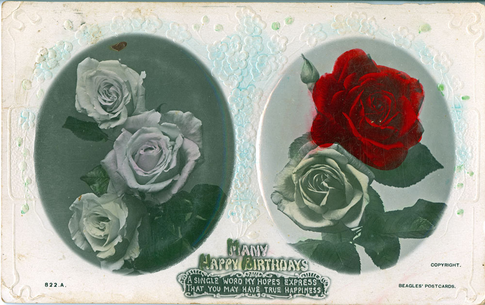 'Many Happy Birthdays' card with images of roses, to Edie from Auntie Carrie, Ipswich, 1910