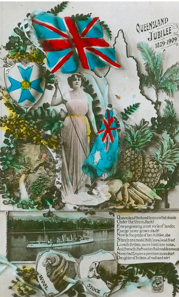 Queensland Jubilee 1859-1909 postcard, sent to William Trevis, from friend, Alice, Blackstone, Ipswich, c.1909 - 1910