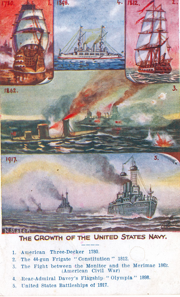Postcard depicting  ships of the United States Navy, 1780-1917, given to Theo Trevis on his 11th birthday from his brother, Louis, Blackstone, Ipswich 1919