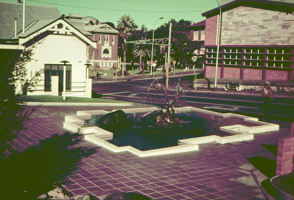 Fountain in front of Community Art Gallery, D'Arcy Doyle Place and Limestone Street, Ipswich, 1970s