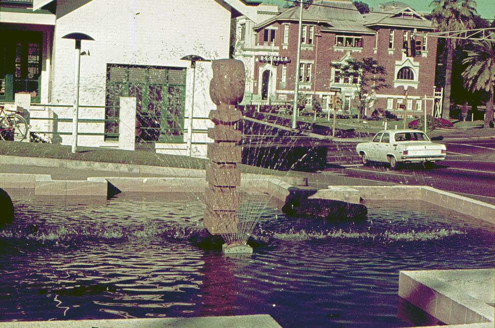 Part of fountain in front of Community Art Gallery, D'Arcy Doyle Place and Limestone Street, Ipswich, 1970s