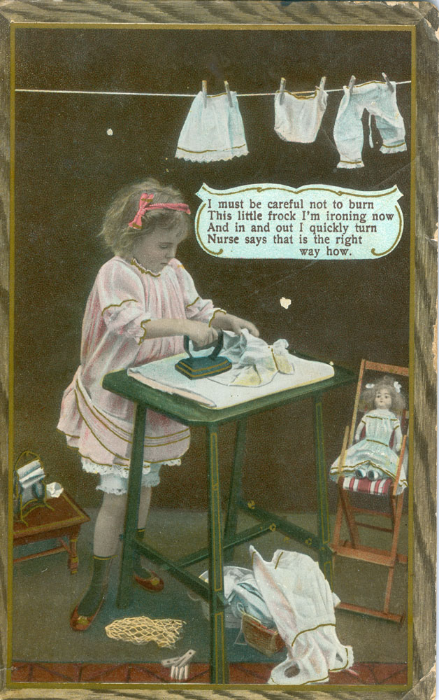 Postcard depicting a young girl ironing, Brisbane, 1910