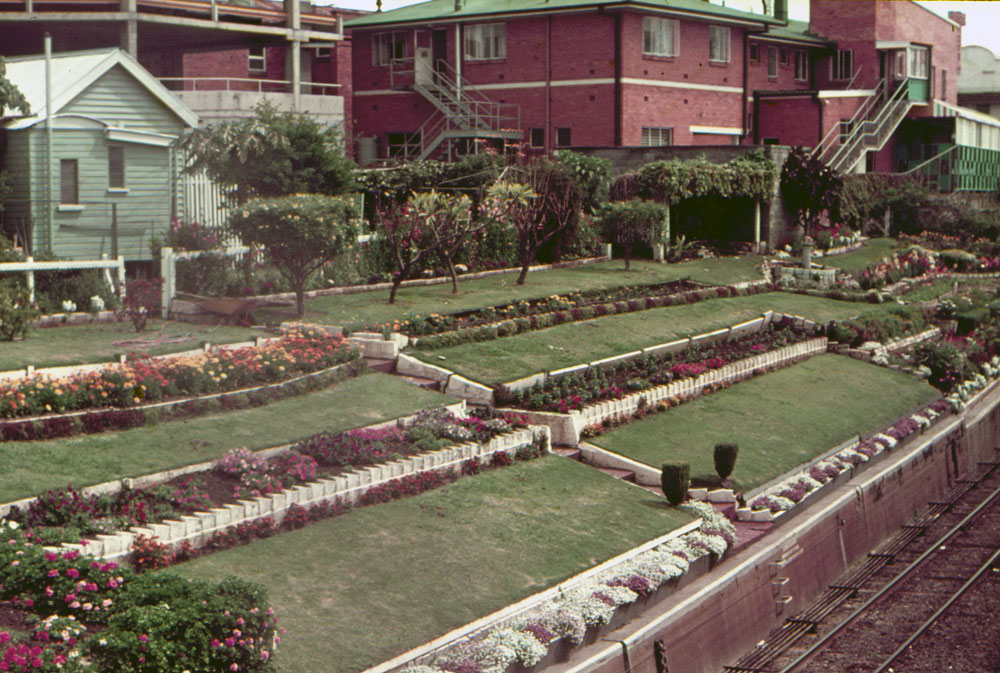 Garden of the Ipswich railway station, Ipswich, early 1970s