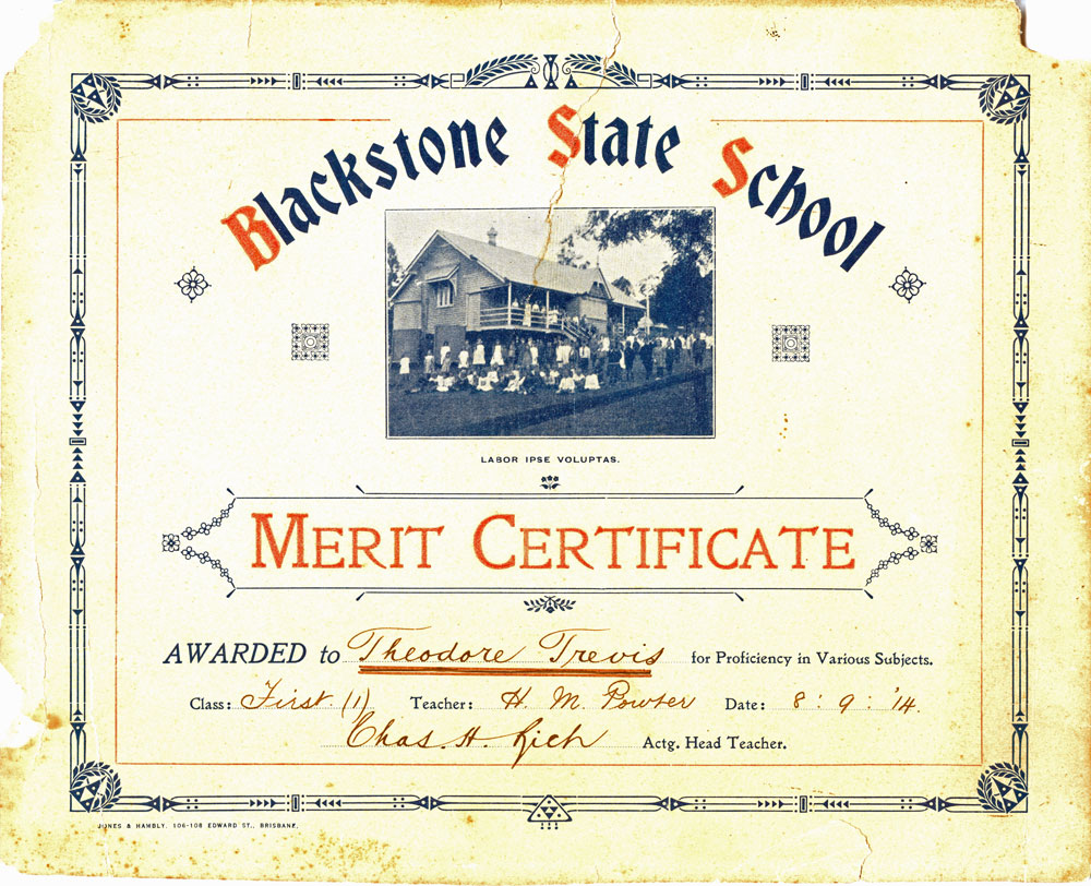 Merit Certificate from Blackstone State School, awarded to Theodore Trevis, Blackstone, Ipswich, 1914