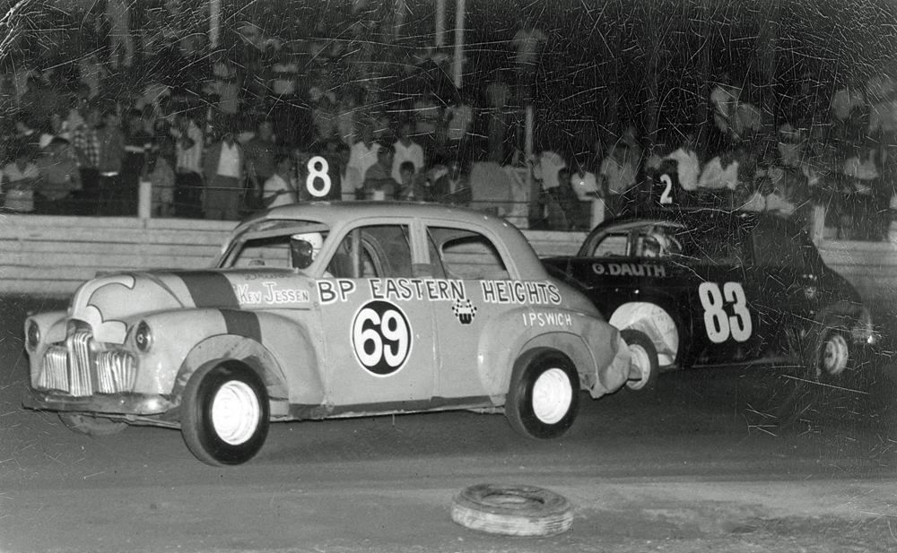 Speedway saloon car, no. 69, racing at Ipswich Speedway at Showgrounds, Ipswich, late 1960s