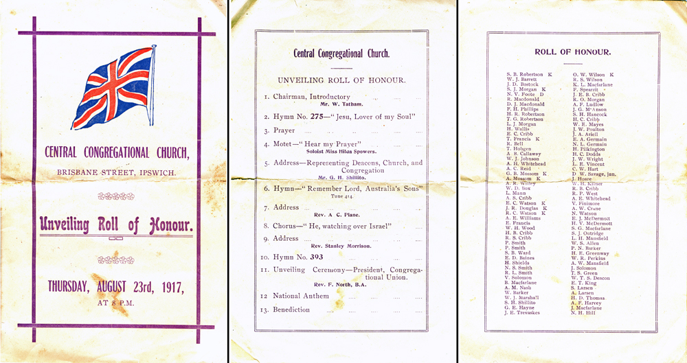 Program for the unveiling of a Roll of Honour at Central Congregational Church, Ipswich, 1917
