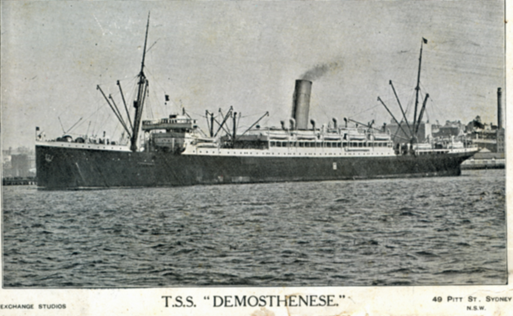 Postcard of T.S.S. 'Demosthenese' sent by Ernest Grieve to Miss Grieve, Glenhowden via Esk, near Ipswich, 1917
