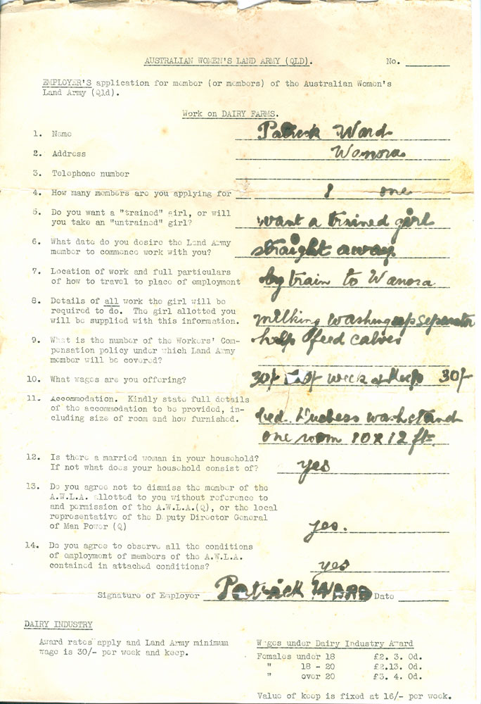 Employer's application for member of the Australian Women's Land Army (Qld) to help on a farm, Wanora, Queensland 1942-1945