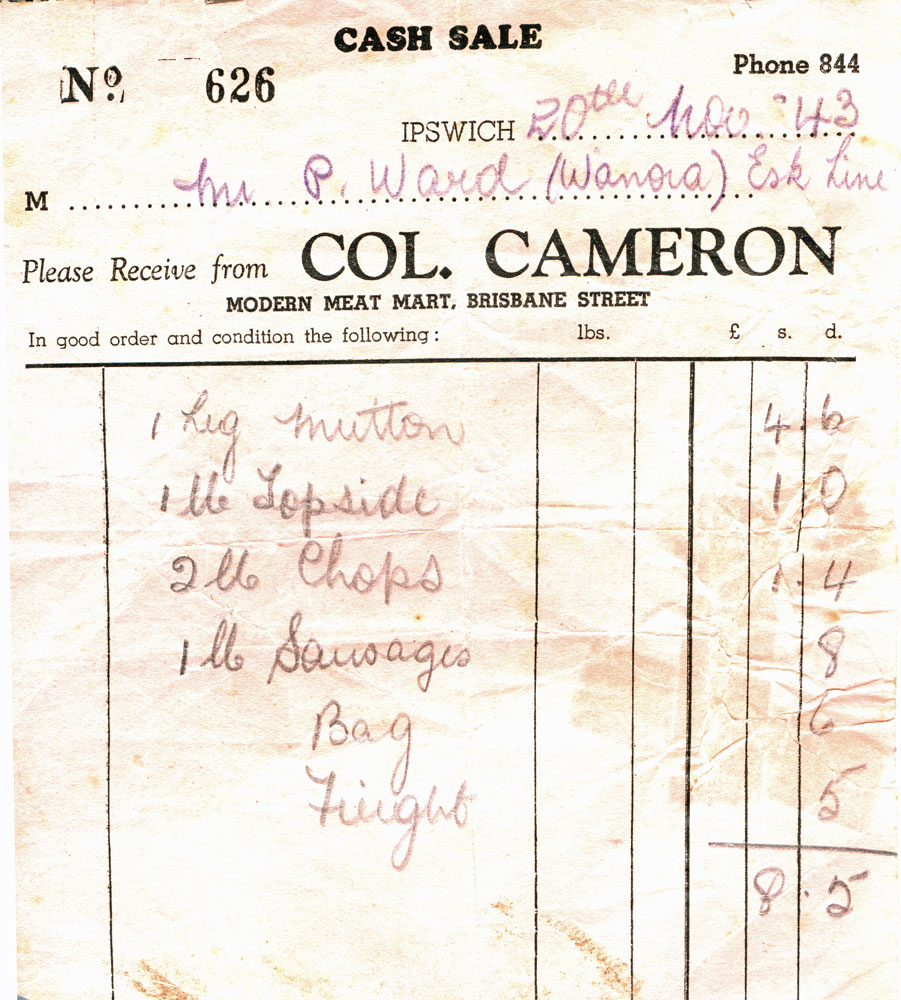 Col.(Colonel) Cameron, Modern Meat Mart, Brisbane Street receipt, Ipswich, 1943