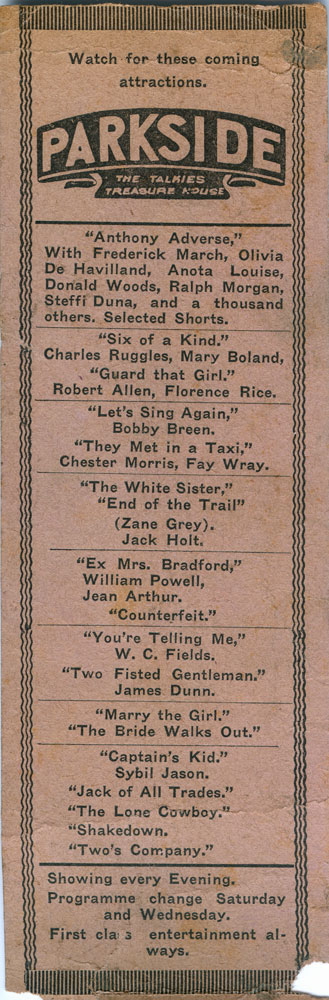 Parkside Picture Theatre, Brisbane Street, handout, Ipswich, 1936