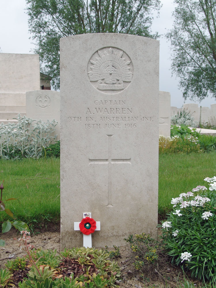 Arthur Warren, headstone at Rue-Du-Bois Military Cemetery, Fleurbaix, France, 2015
