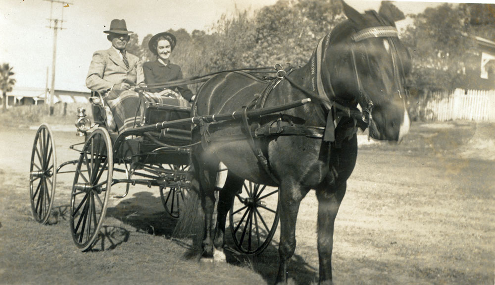 Chris Vogel  (and wife?) with his horse and Champion's ribbon, Brassall, Ipswich, 1940s