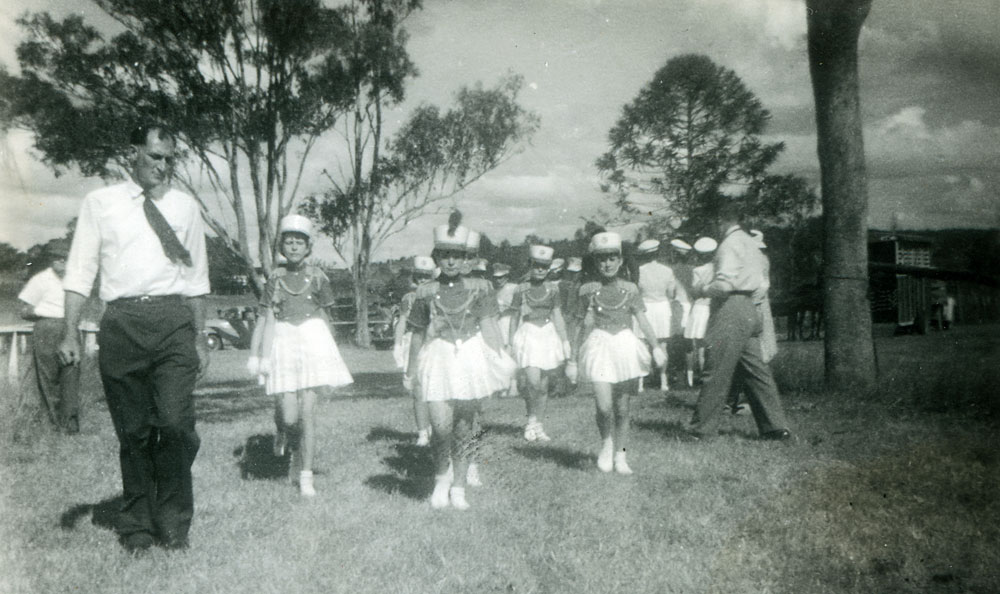 Members of the Flamingos Marching Girls' team training at Brassall, Ipswich, mid 1950s