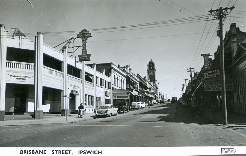Brisbane and East Streets intersection, looking west along Brisbane Street, Ipswich, early 1950s