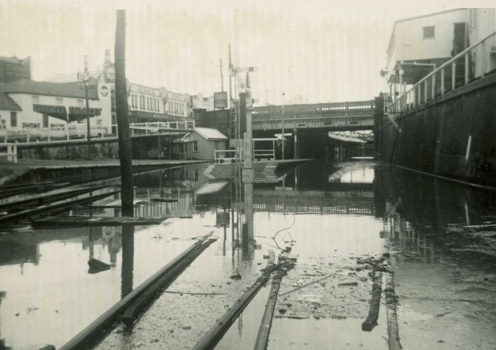 Ipswich Railway Station during flood, Ipswich, 1974