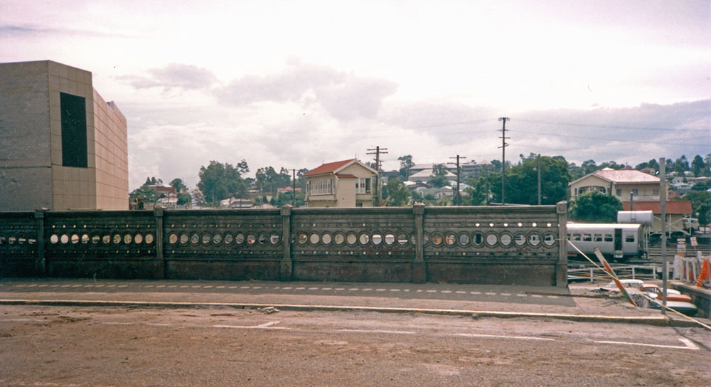 View of Nicholas Street bridge and the cast iron railings, just prior to demolition of the area for the construction of the Mall, Ipswich, 1987
