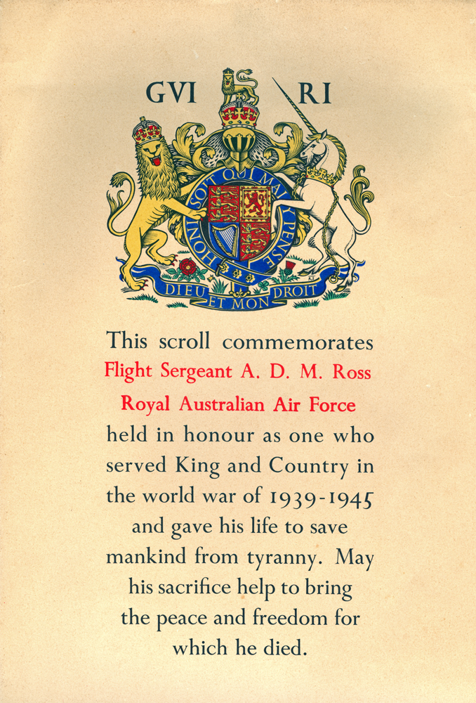 Memorial Scroll commemorating Flight Sergeant Angus Donald Mackay Ross, who died in 1943.