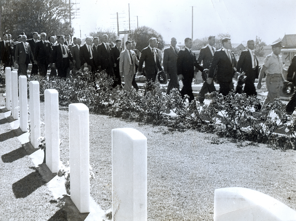 Anzac Day parade passing the War Graves section, Ipswich General Cemetery, Ipswich, 1960s