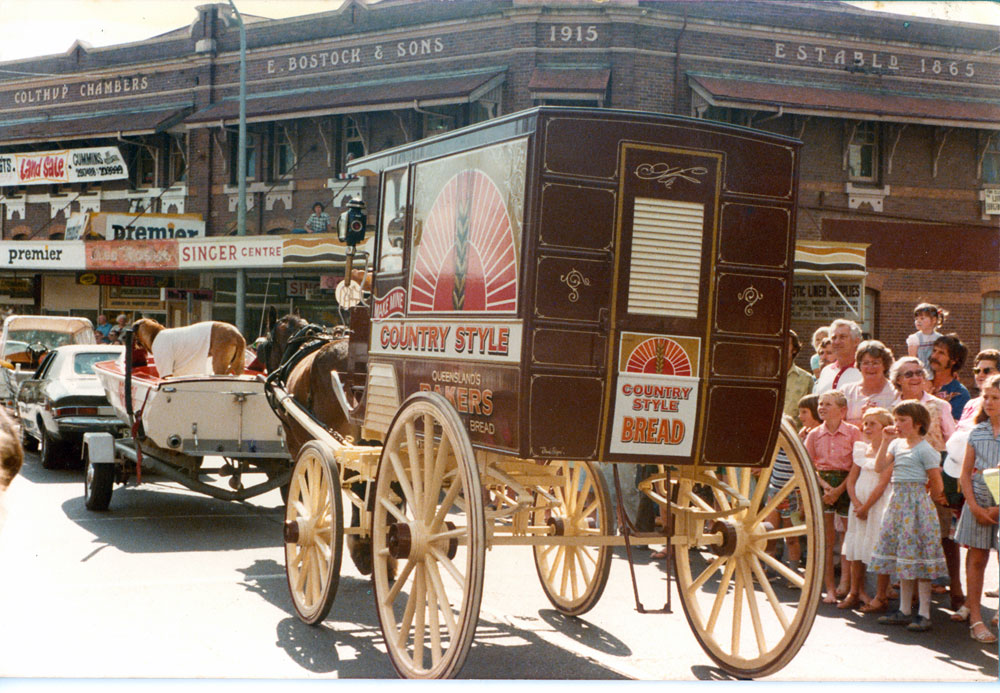 Ipswich Colour Festival Country Style Bakery float, on Brisbane Street, Ipswich 1979