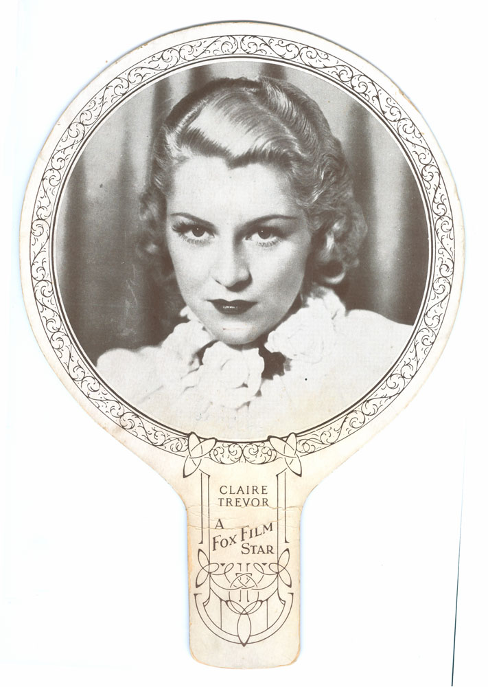 Advertising fan (cardboard) with image of Claire Trevor, actress, for Bertram's Cake Shop, Ipswich, 1930s