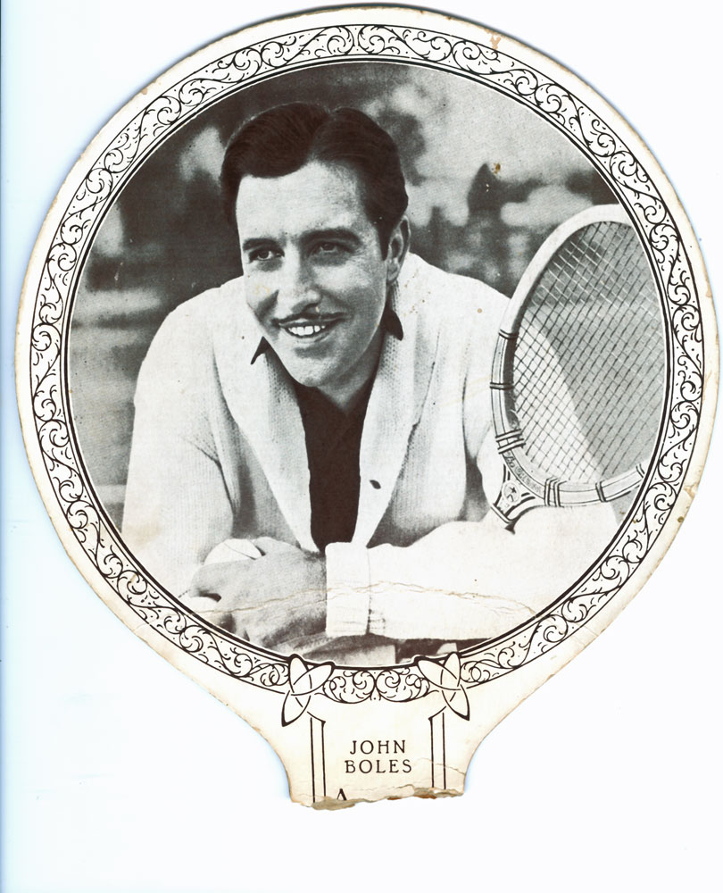 Advertising fan (cardboard) with image of John Boles, actor, for Bertram's Cake Shop, Brisbane Street , Ipswich, 1930s