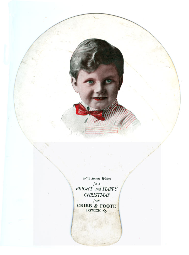 Advertising fan (cardboard) with image of young boy, for Cribb &amp; Foote store, Ipswich, 1933