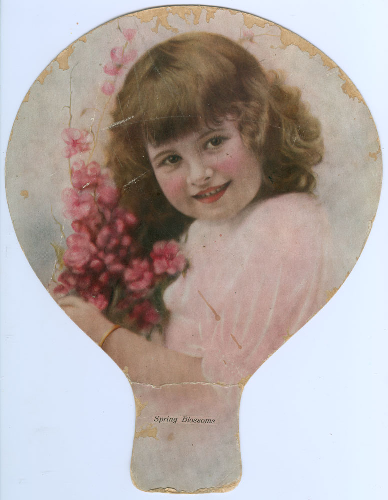 Advertising fan (cardboard) with image of young girl with flowers, for Cribb &amp; Foote, Ipswich, c.1928