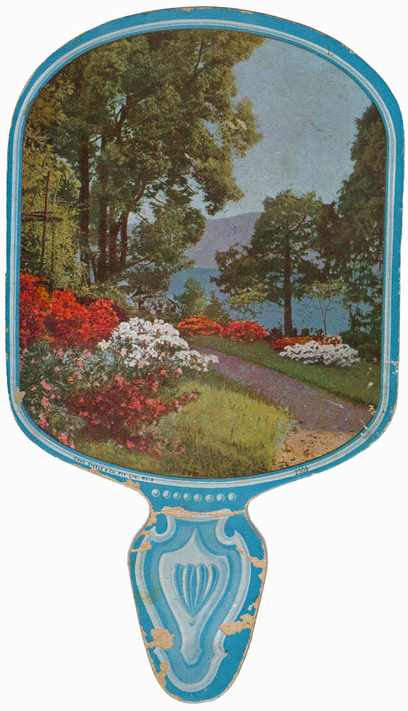 Advertising fan (cardboard) of English countryside for Cribb &amp; Foote, Ipswich, 1931